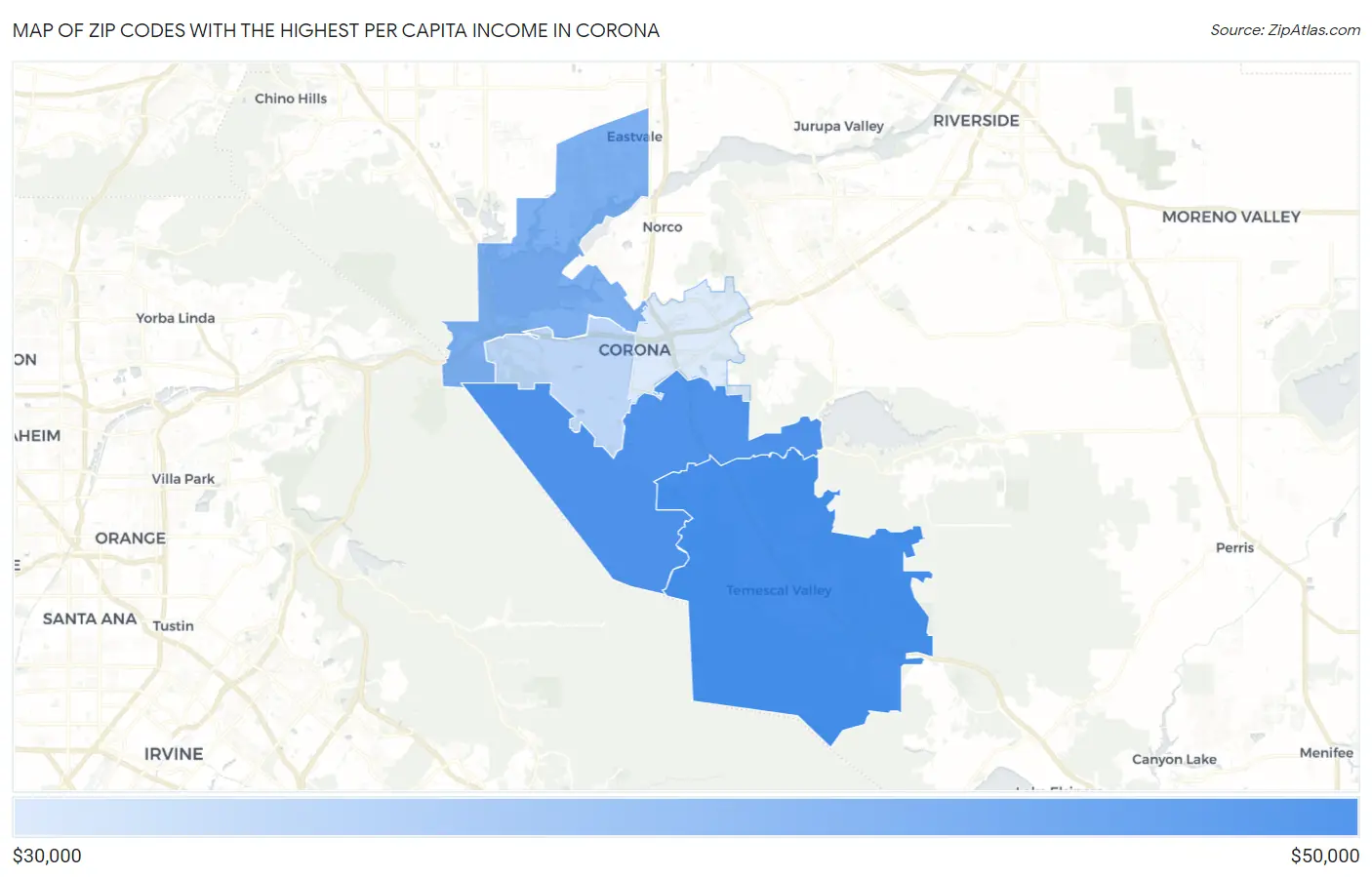 Zip Codes with the Highest Per Capita Income in Corona Map