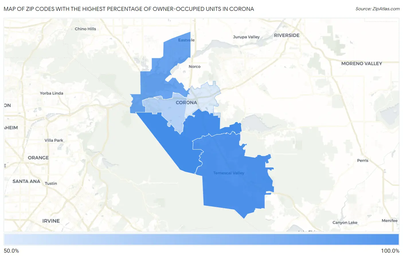 Zip Codes with the Highest Percentage of Owner-Occupied Units in Corona Map