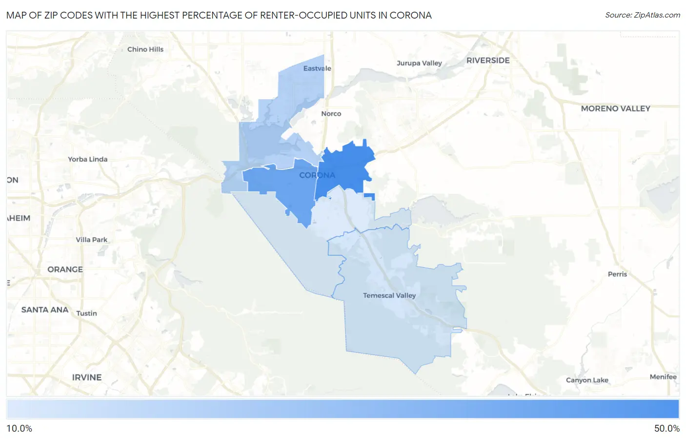 Zip Codes with the Highest Percentage of Renter-Occupied Units in Corona Map