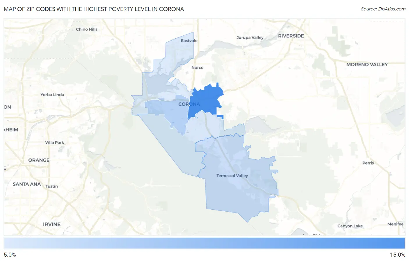 Zip Codes with the Highest Poverty Level in Corona Map