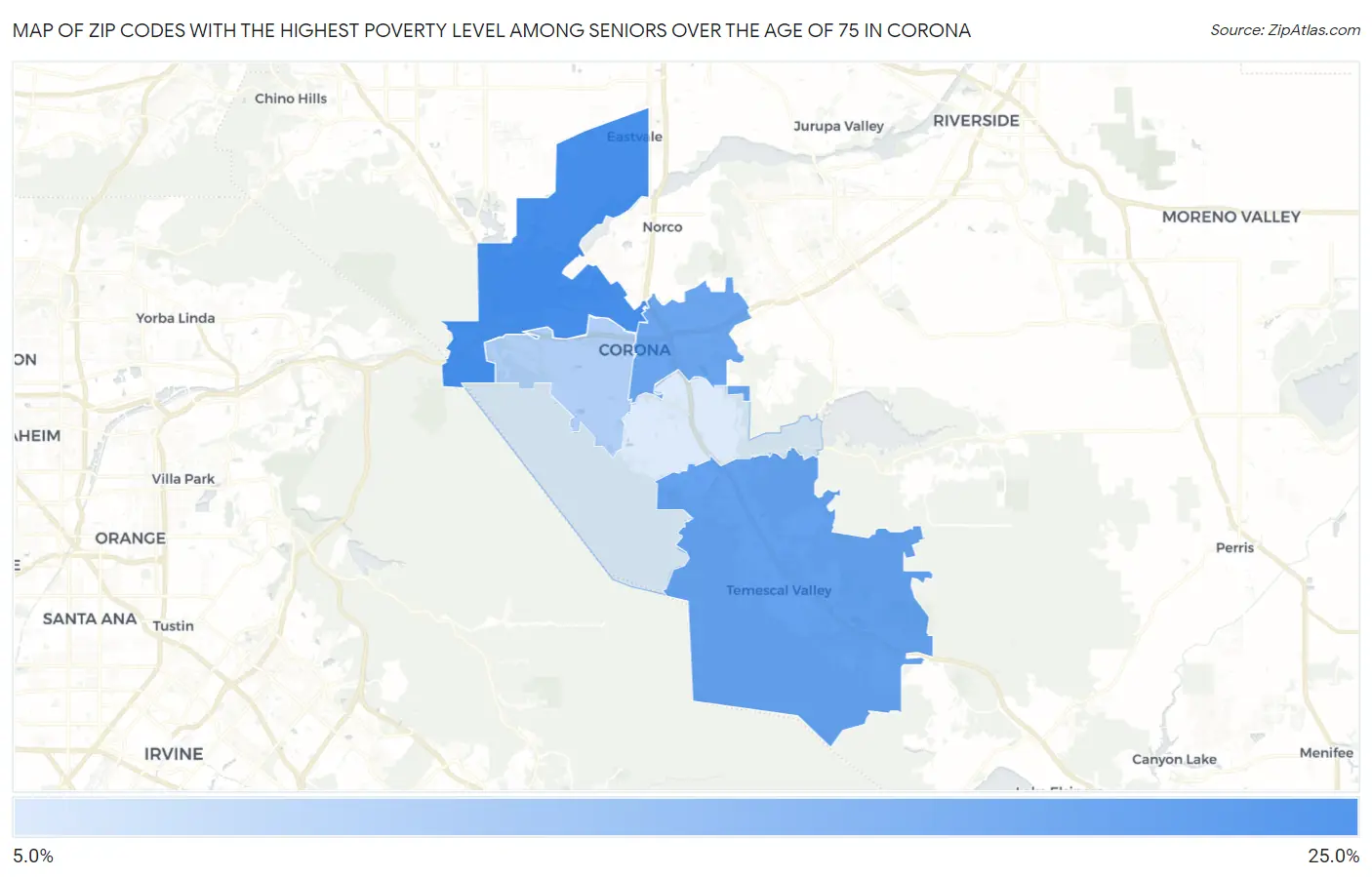 Zip Codes with the Highest Poverty Level Among Seniors Over the Age of 75 in Corona Map