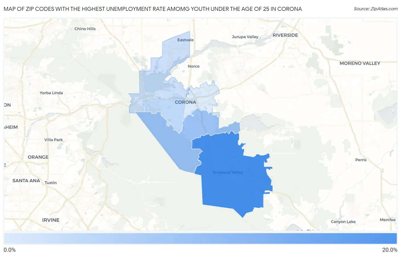 Zip Codes with the Highest Unemployment Rate Amomg Youth Under the Age of 25 in Corona Map