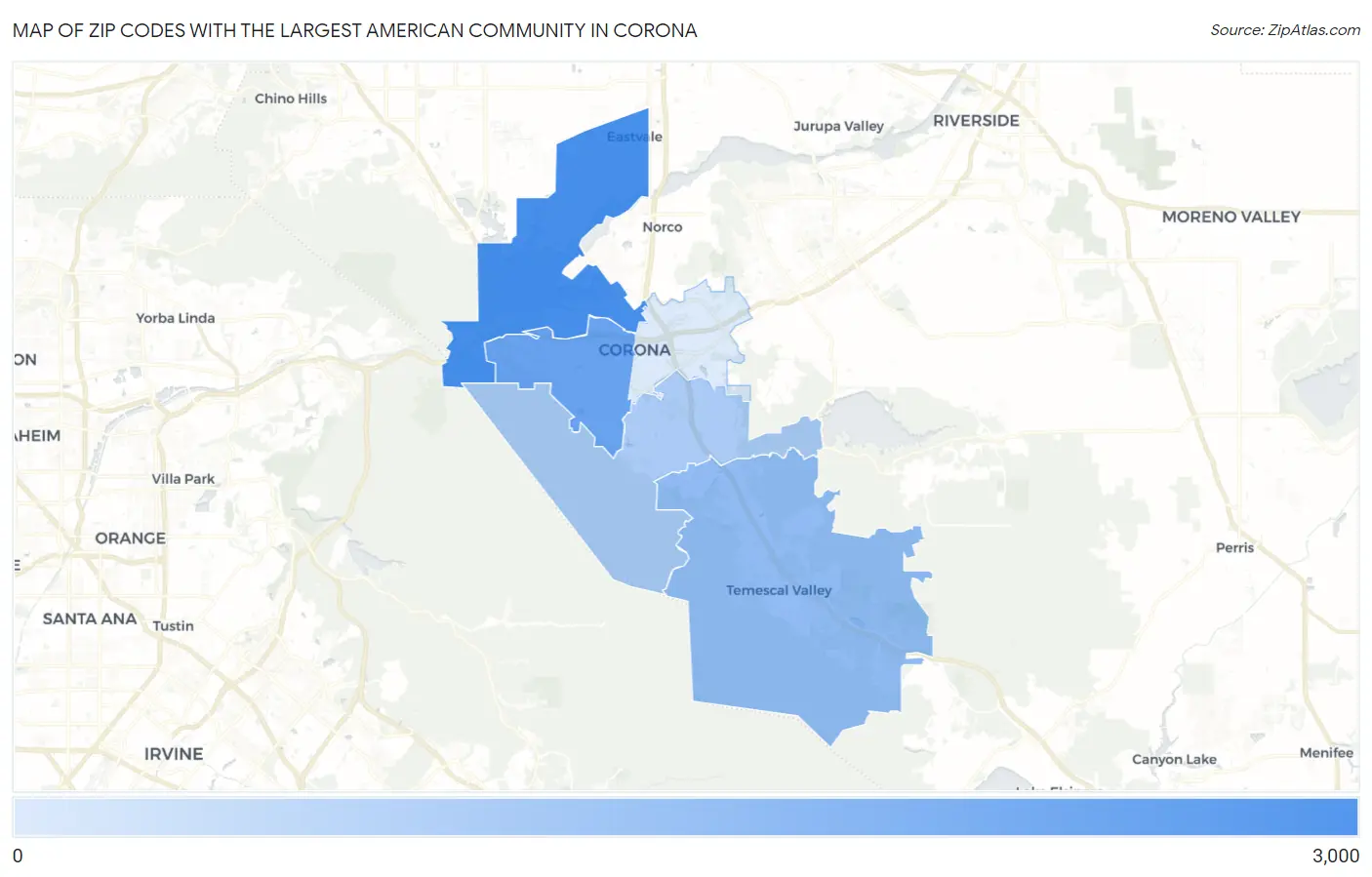 Zip Codes with the Largest American Community in Corona Map
