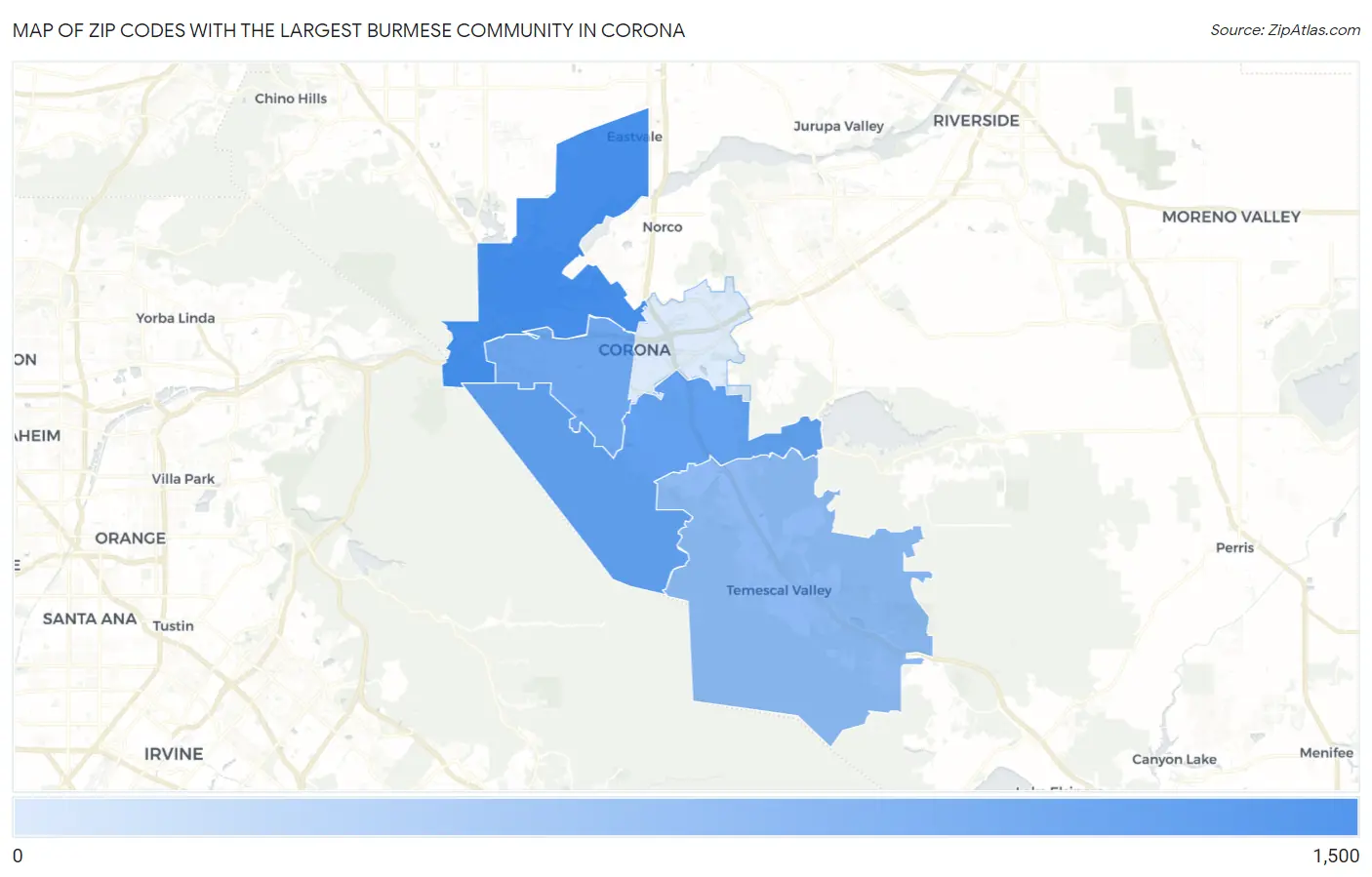Zip Codes with the Largest Burmese Community in Corona Map
