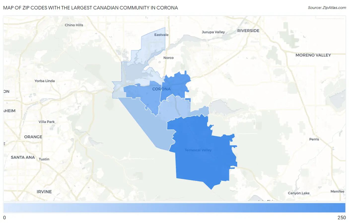 Zip Codes with the Largest Canadian Community in Corona Map