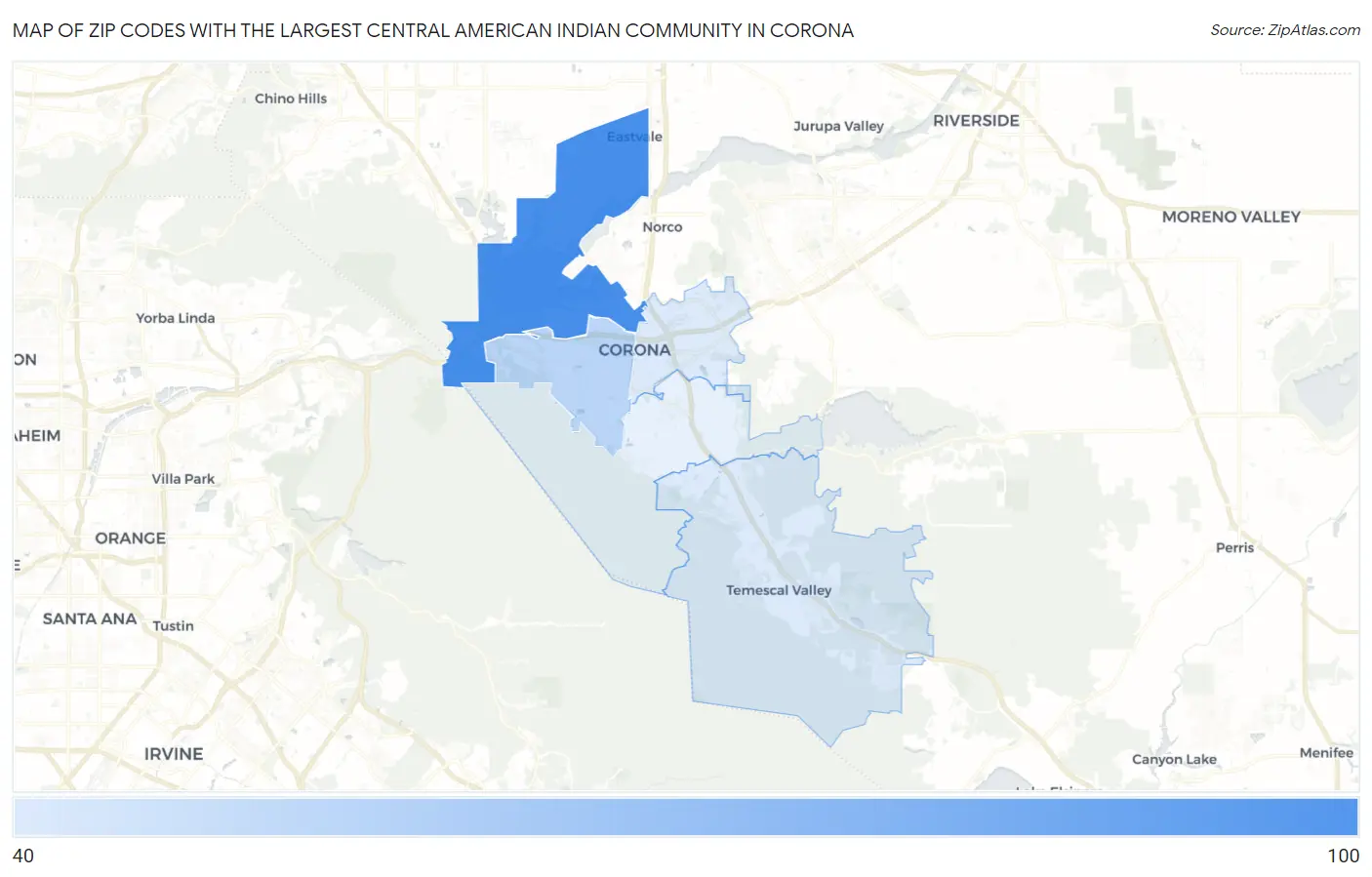 Zip Codes with the Largest Central American Indian Community in Corona Map