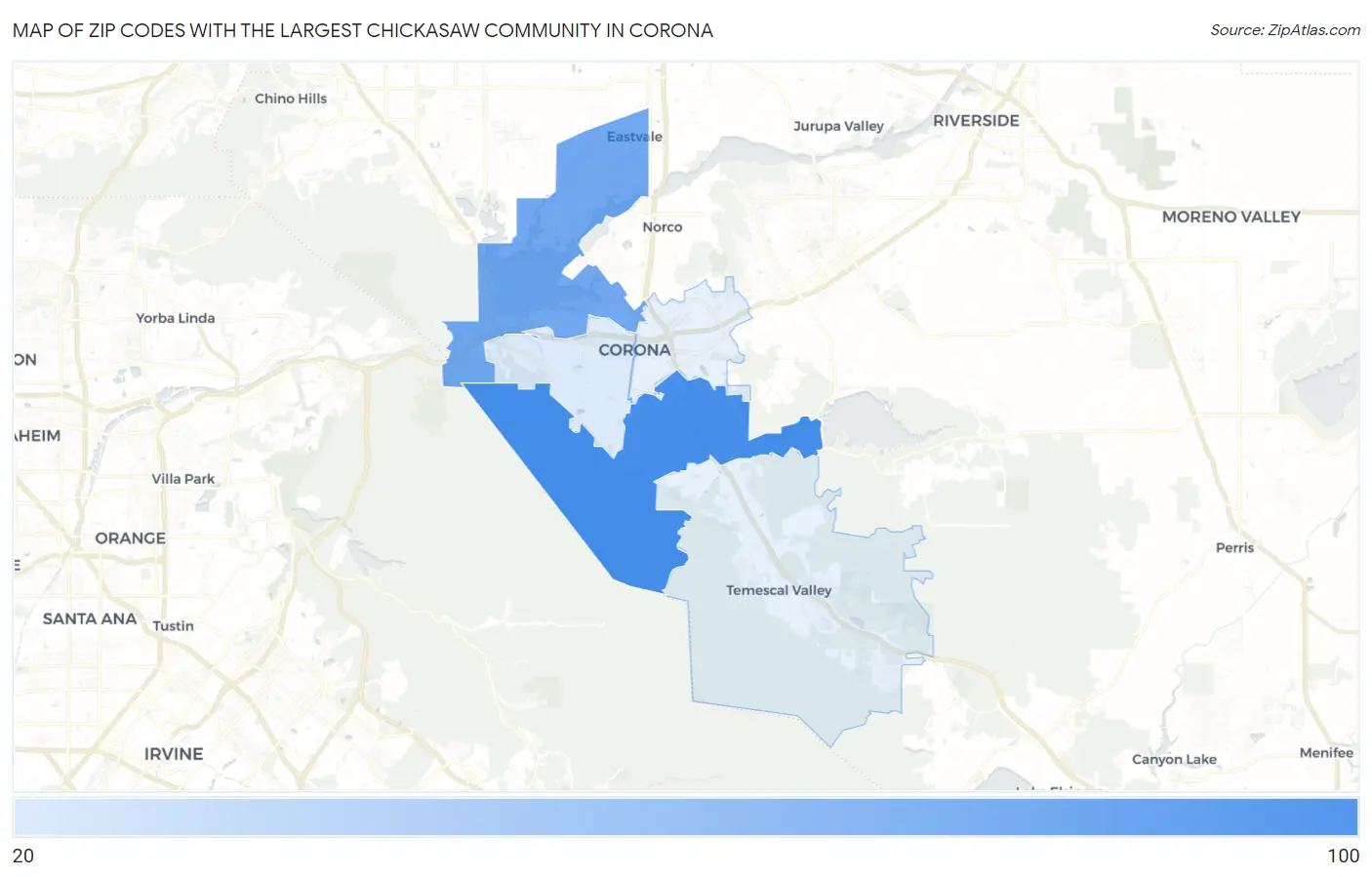 Zip Codes with the Largest Chickasaw Community in Corona Map