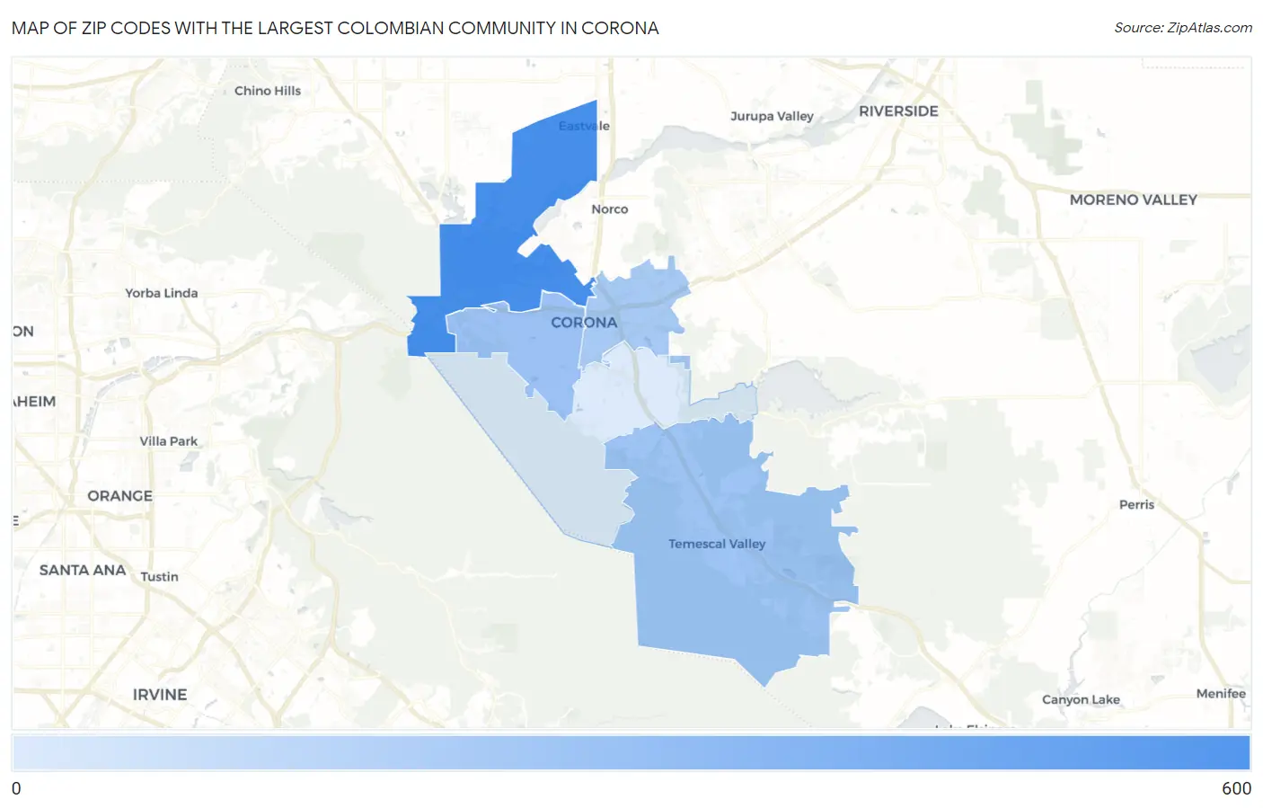 Zip Codes with the Largest Colombian Community in Corona Map