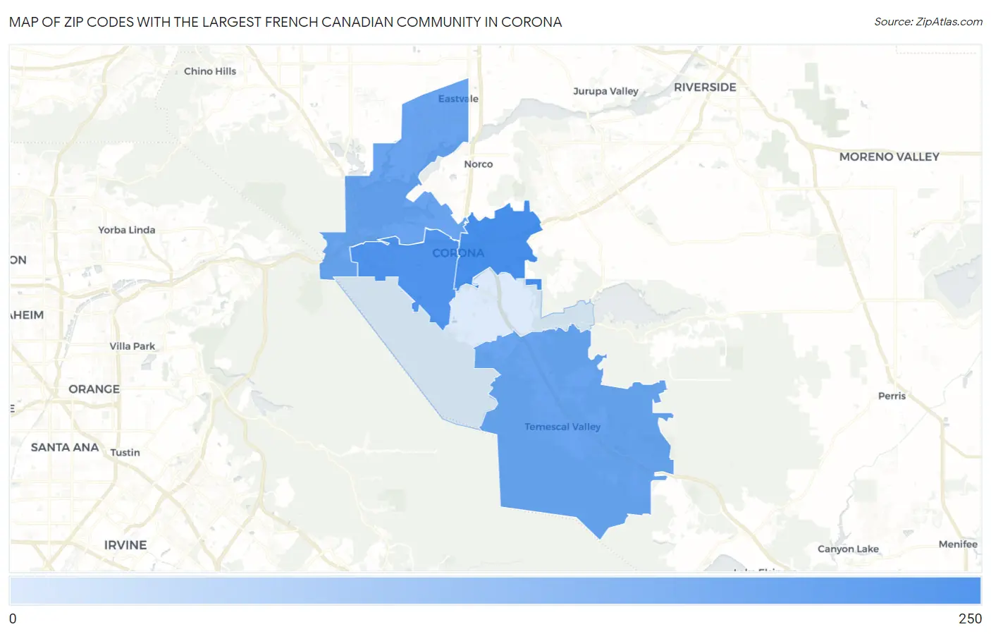 Zip Codes with the Largest French Canadian Community in Corona Map