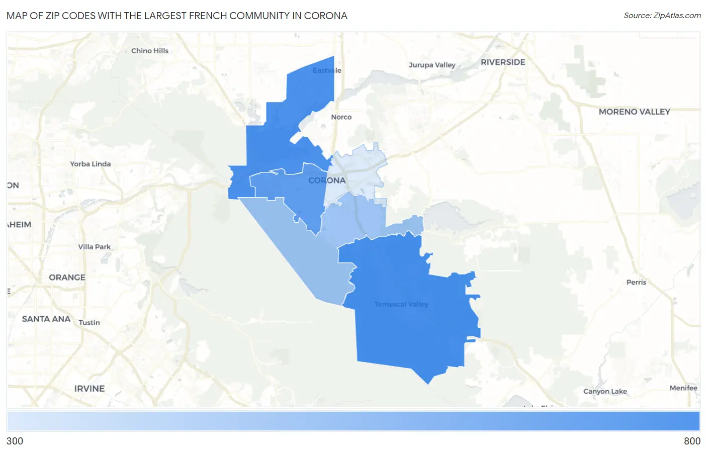 Zip Codes with the Largest French Community in Corona Map