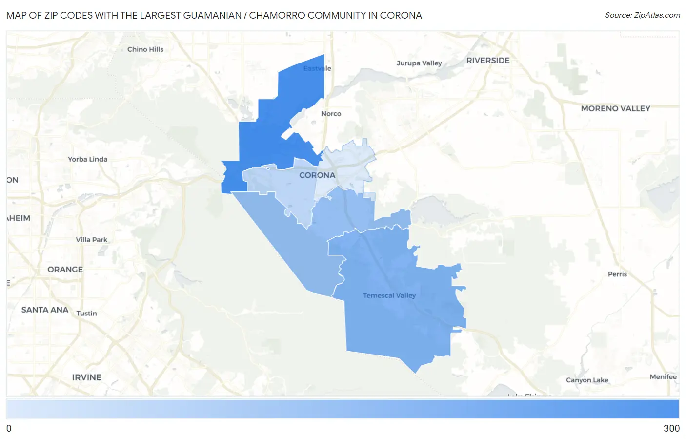 Zip Codes with the Largest Guamanian / Chamorro Community in Corona Map