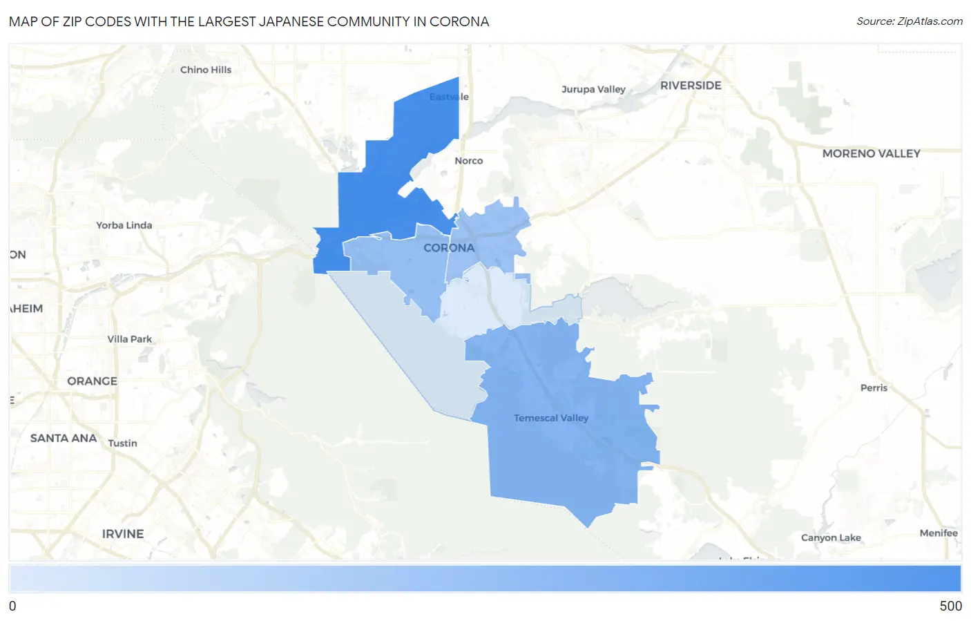 Zip Codes with the Largest Japanese Community in Corona Map
