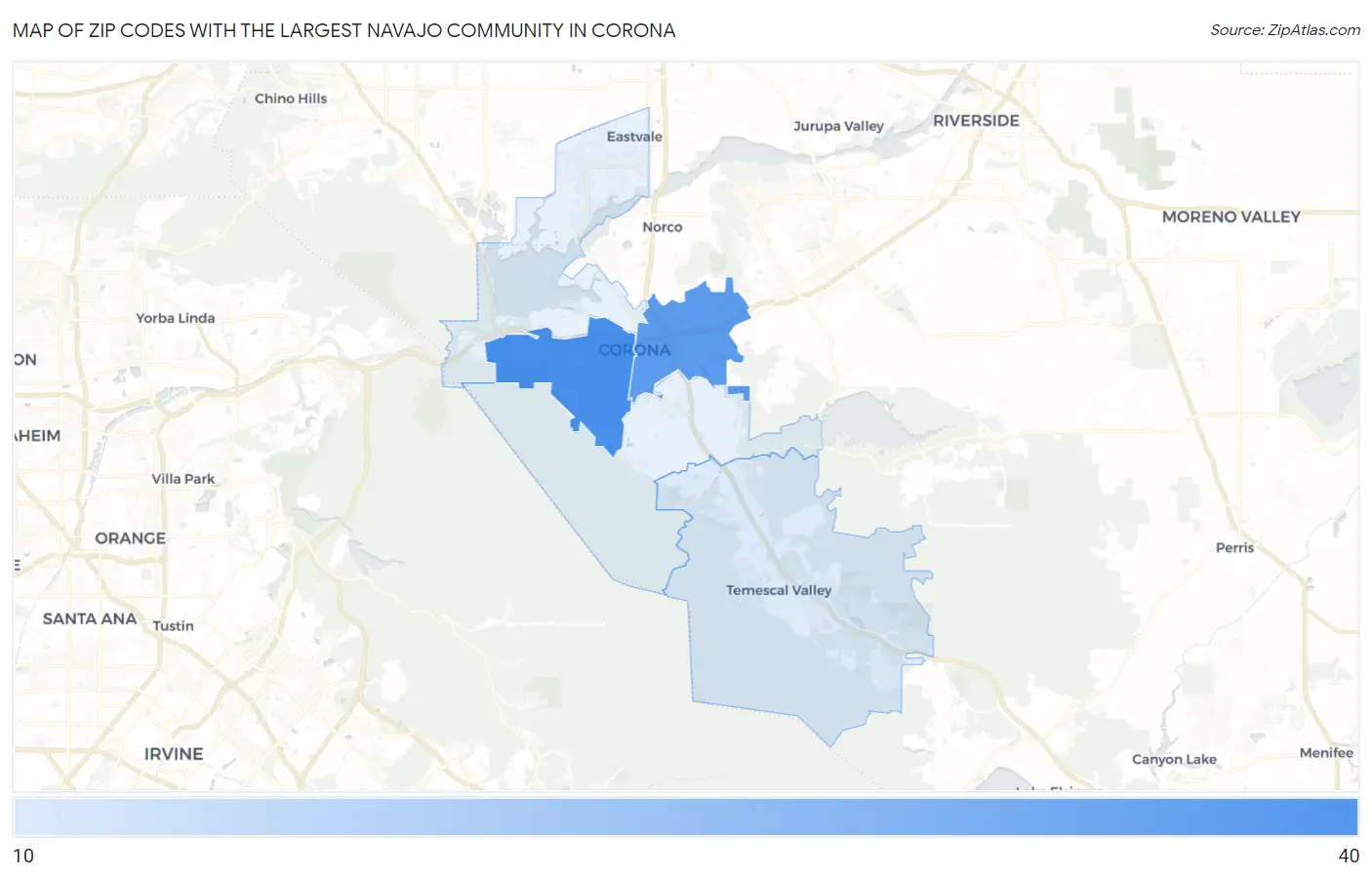 Zip Codes with the Largest Navajo Community in Corona Map