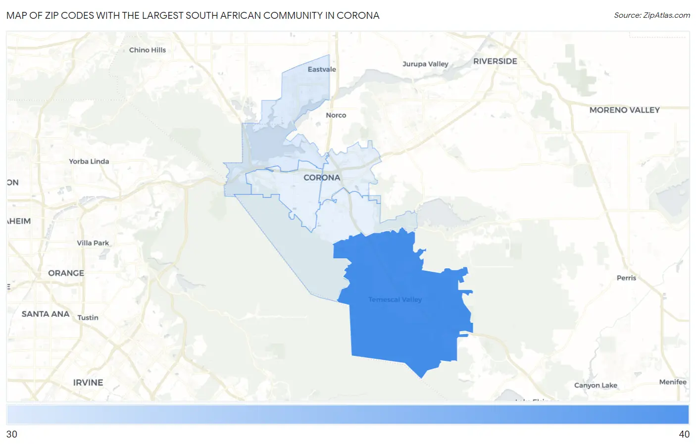 Zip Codes with the Largest South African Community in Corona Map