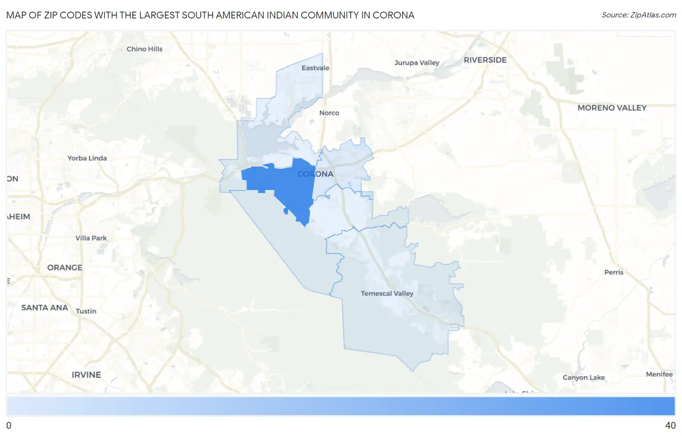 Zip Codes with the Largest South American Indian Community in Corona Map
