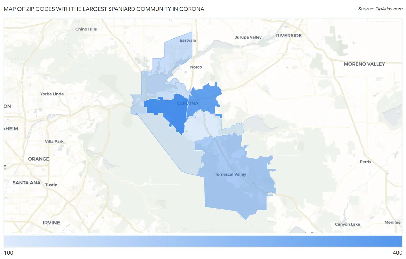 Zip Codes with the Largest Spaniard Community in Corona Map