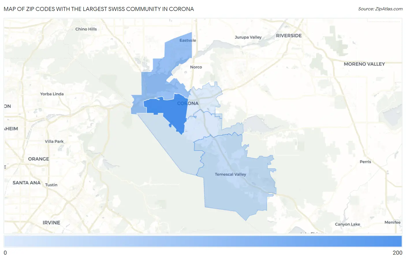 Zip Codes with the Largest Swiss Community in Corona Map