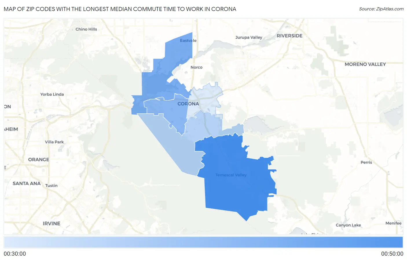 Zip Codes with the Longest Median Commute Time to Work in Corona Map