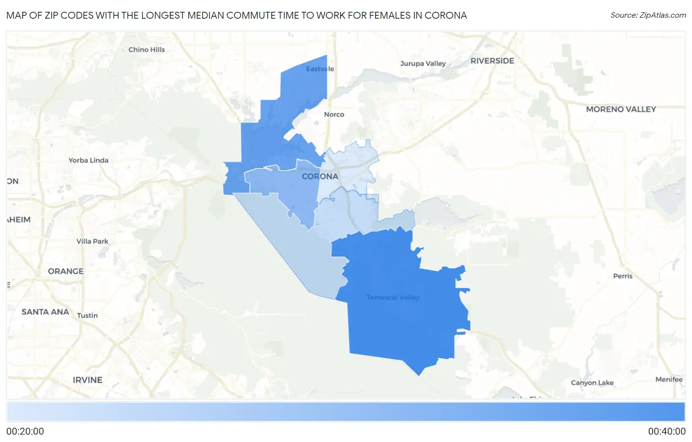 Zip Codes with the Longest Median Commute Time to Work for Females in Corona Map