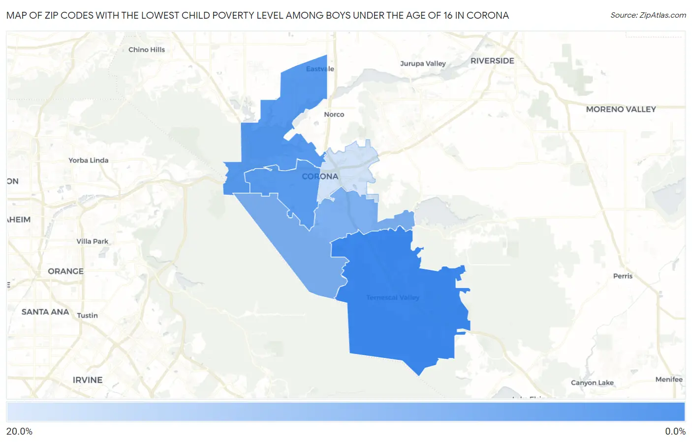 Zip Codes with the Lowest Child Poverty Level Among Boys Under the Age of 16 in Corona Map