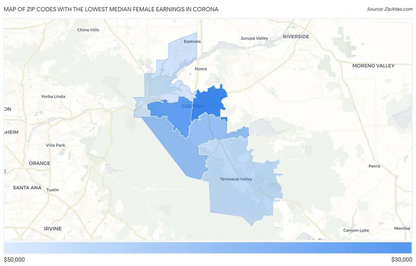 Zip Codes with the Lowest Median Female Earnings in Corona Map