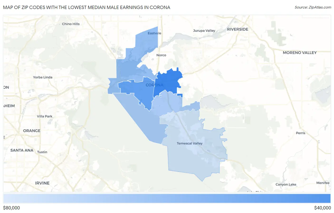 Zip Codes with the Lowest Median Male Earnings in Corona Map