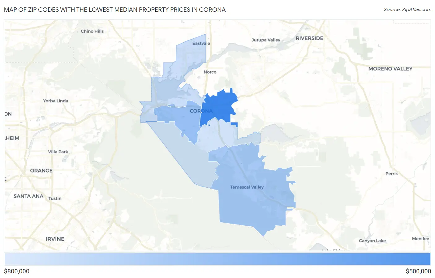 Zip Codes with the Lowest Median Property Prices in Corona Map
