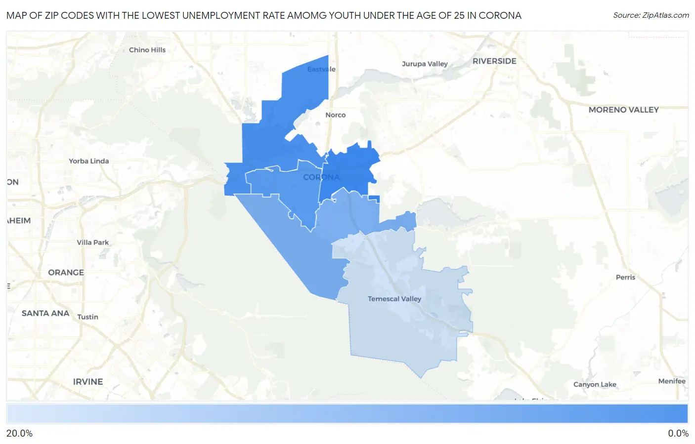 Zip Codes with the Lowest Unemployment Rate Amomg Youth Under the Age of 25 in Corona Map
