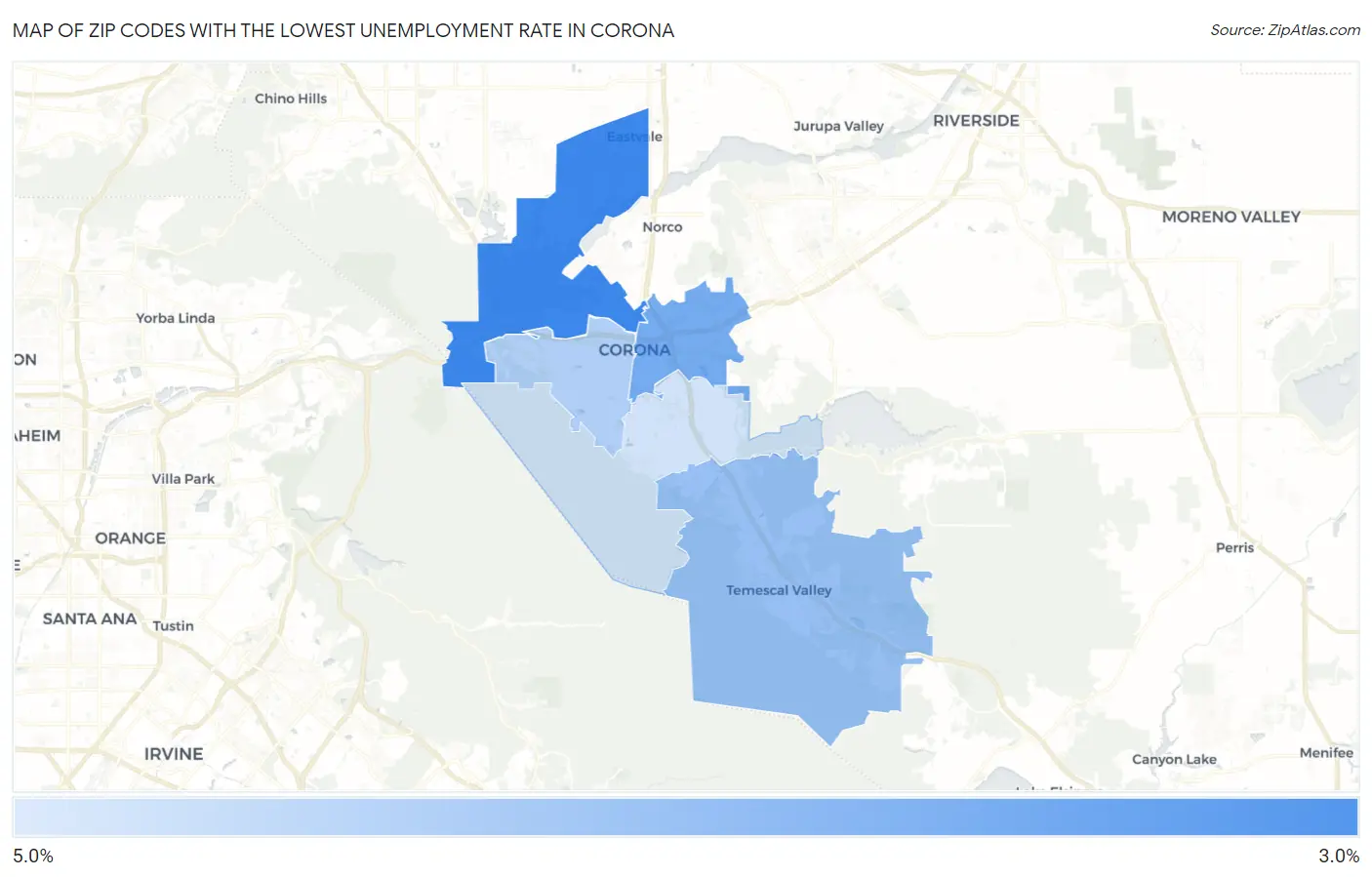 Zip Codes with the Lowest Unemployment Rate in Corona Map