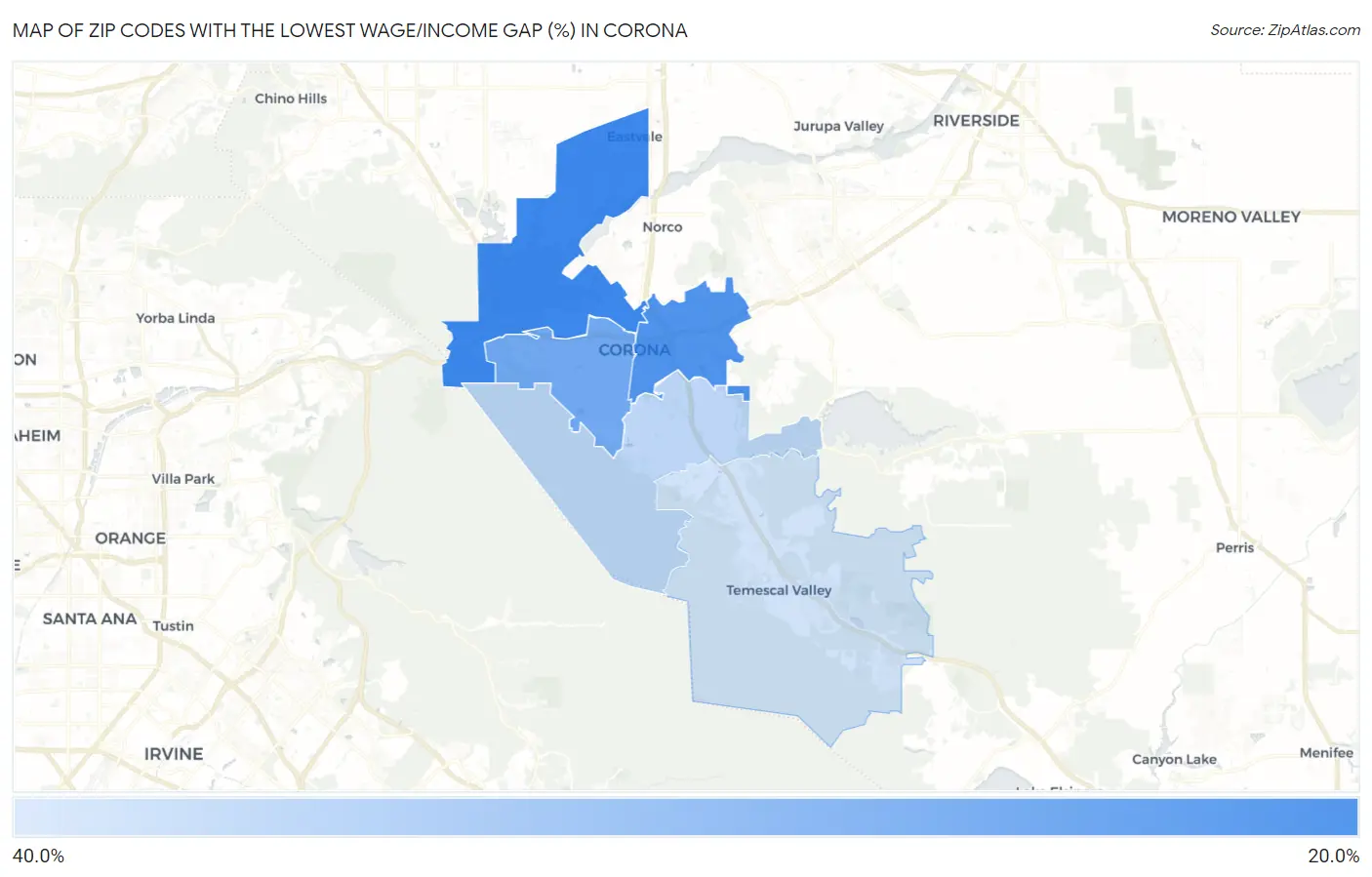 Zip Codes with the Lowest Wage/Income Gap (%) in Corona Map