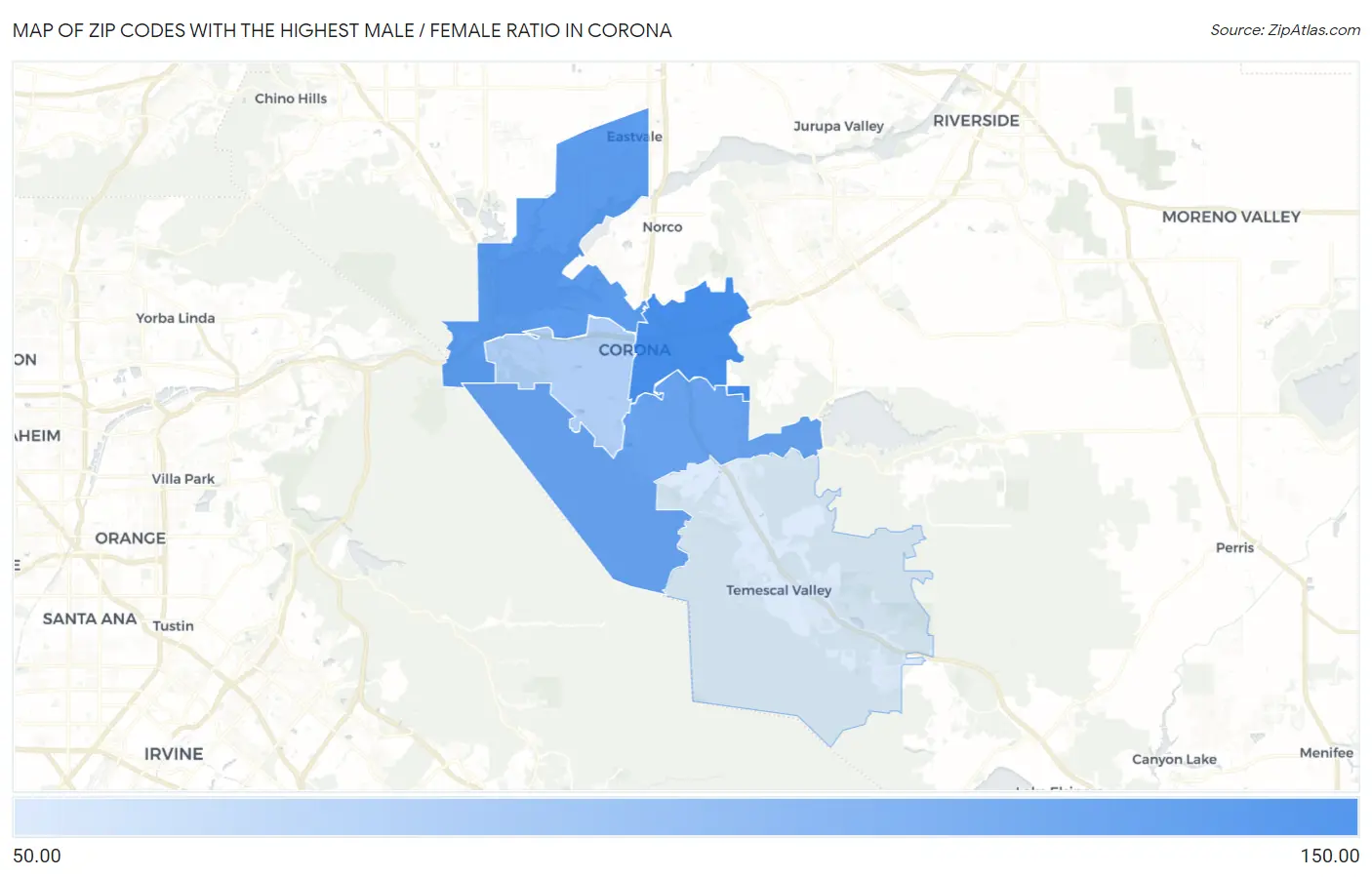 Zip Codes with the Highest Male / Female Ratio in Corona Map
