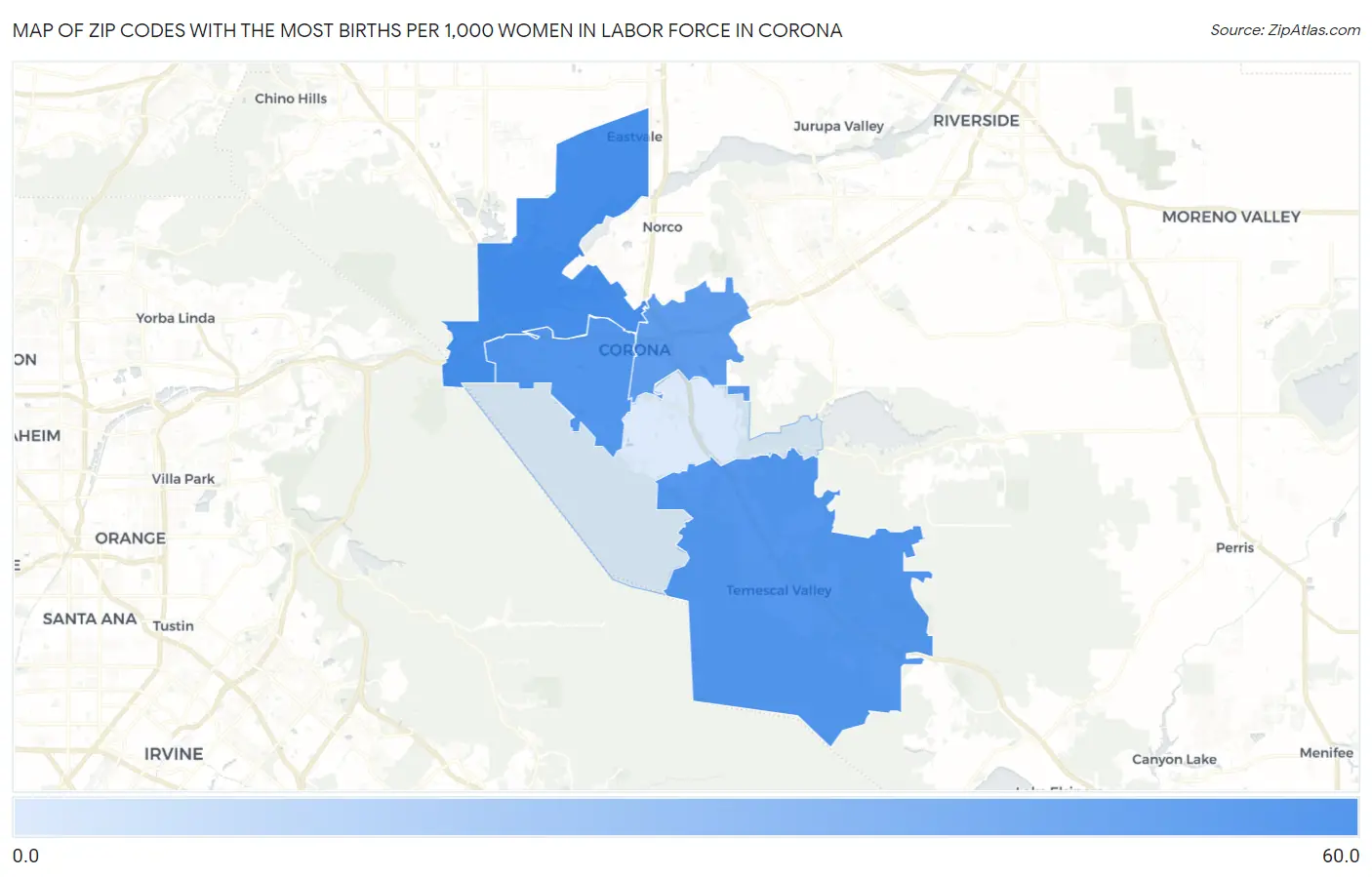 Zip Codes with the Most Births per 1,000 Women in Labor Force in Corona Map
