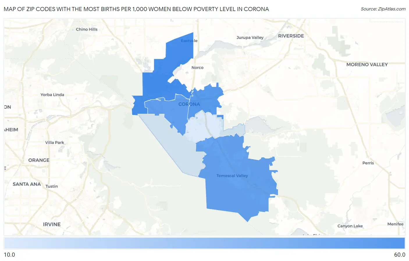 Zip Codes with the Most Births per 1,000 Women Below Poverty Level in Corona Map