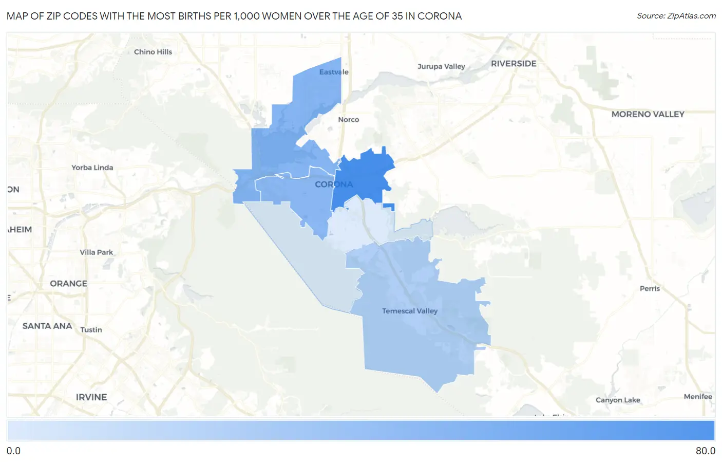 Zip Codes with the Most Births per 1,000 Women Over the Age of 35 in Corona Map