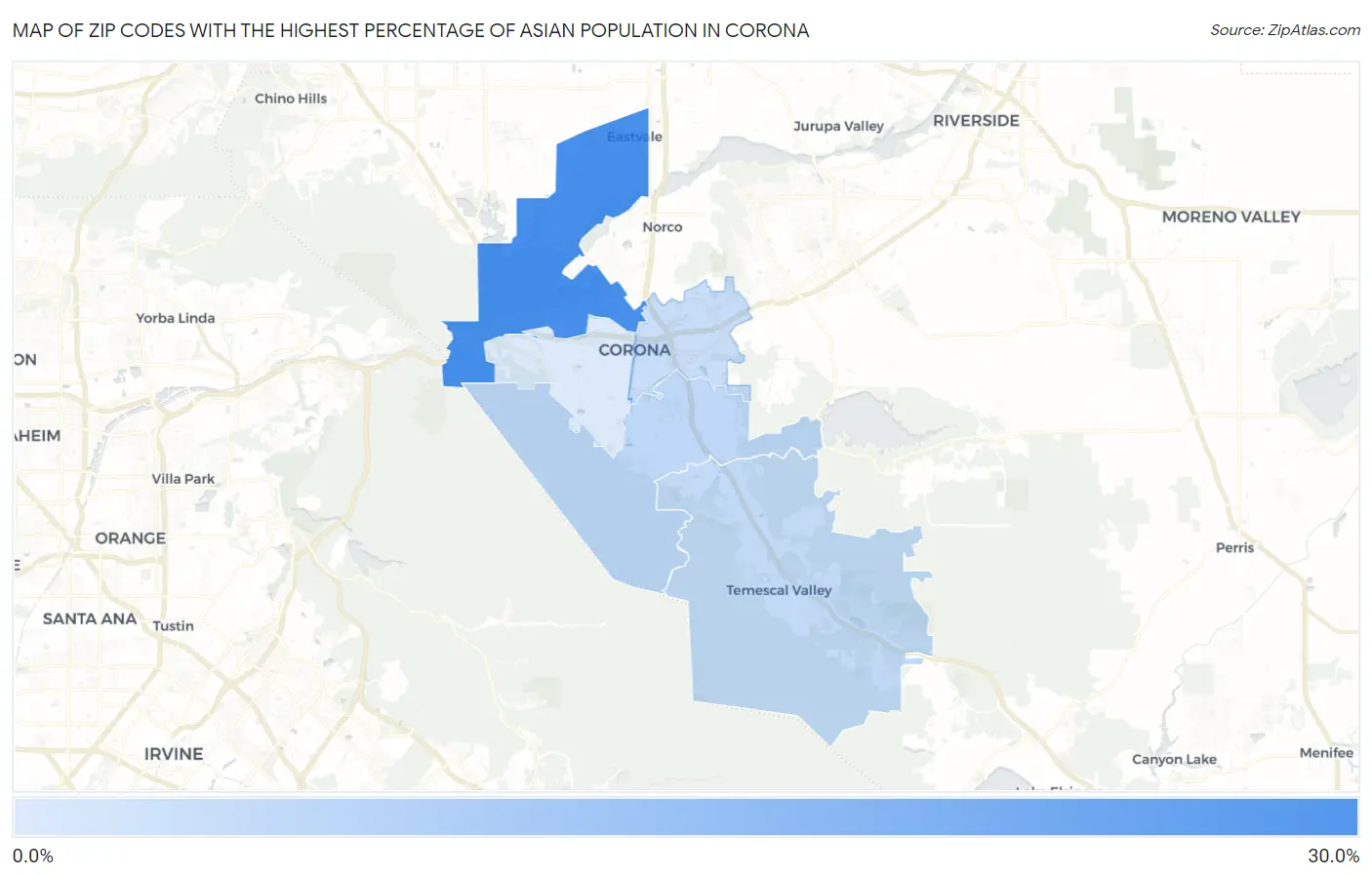 Zip Codes with the Highest Percentage of Asian Population in Corona Map