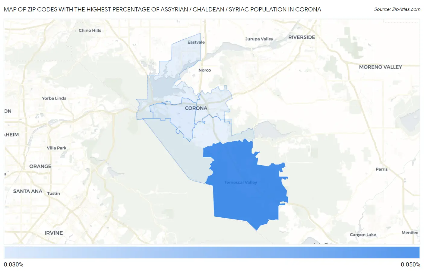 Zip Codes with the Highest Percentage of Assyrian / Chaldean / Syriac Population in Corona Map