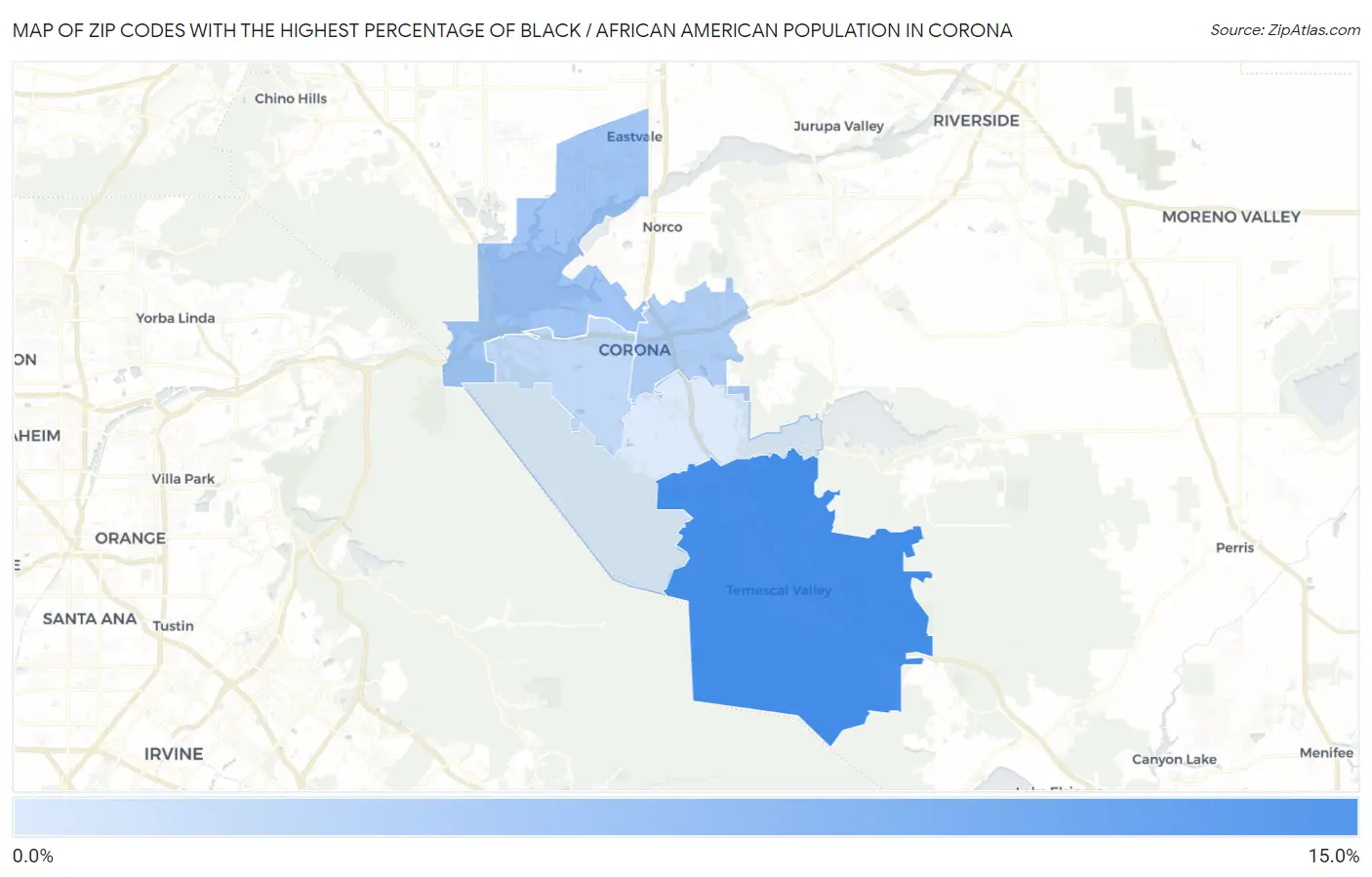 Zip Codes with the Highest Percentage of Black / African American Population in Corona Map