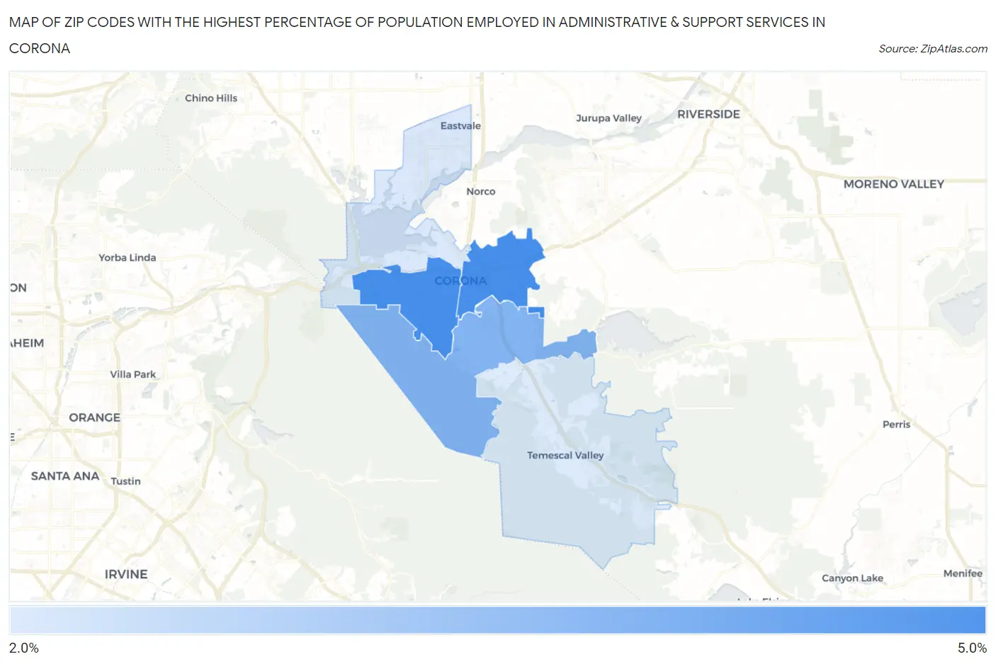 Zip Codes with the Highest Percentage of Population Employed in Administrative & Support Services in Corona Map