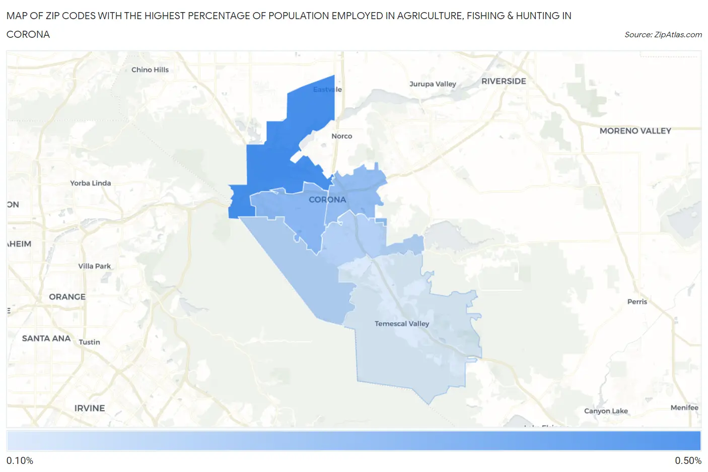 Zip Codes with the Highest Percentage of Population Employed in Agriculture, Fishing & Hunting in Corona Map