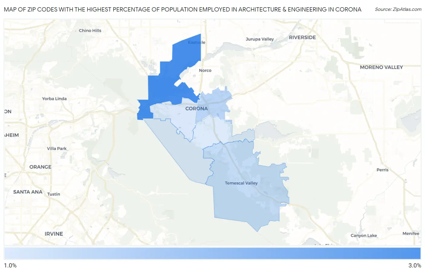 Zip Codes with the Highest Percentage of Population Employed in Architecture & Engineering in Corona Map