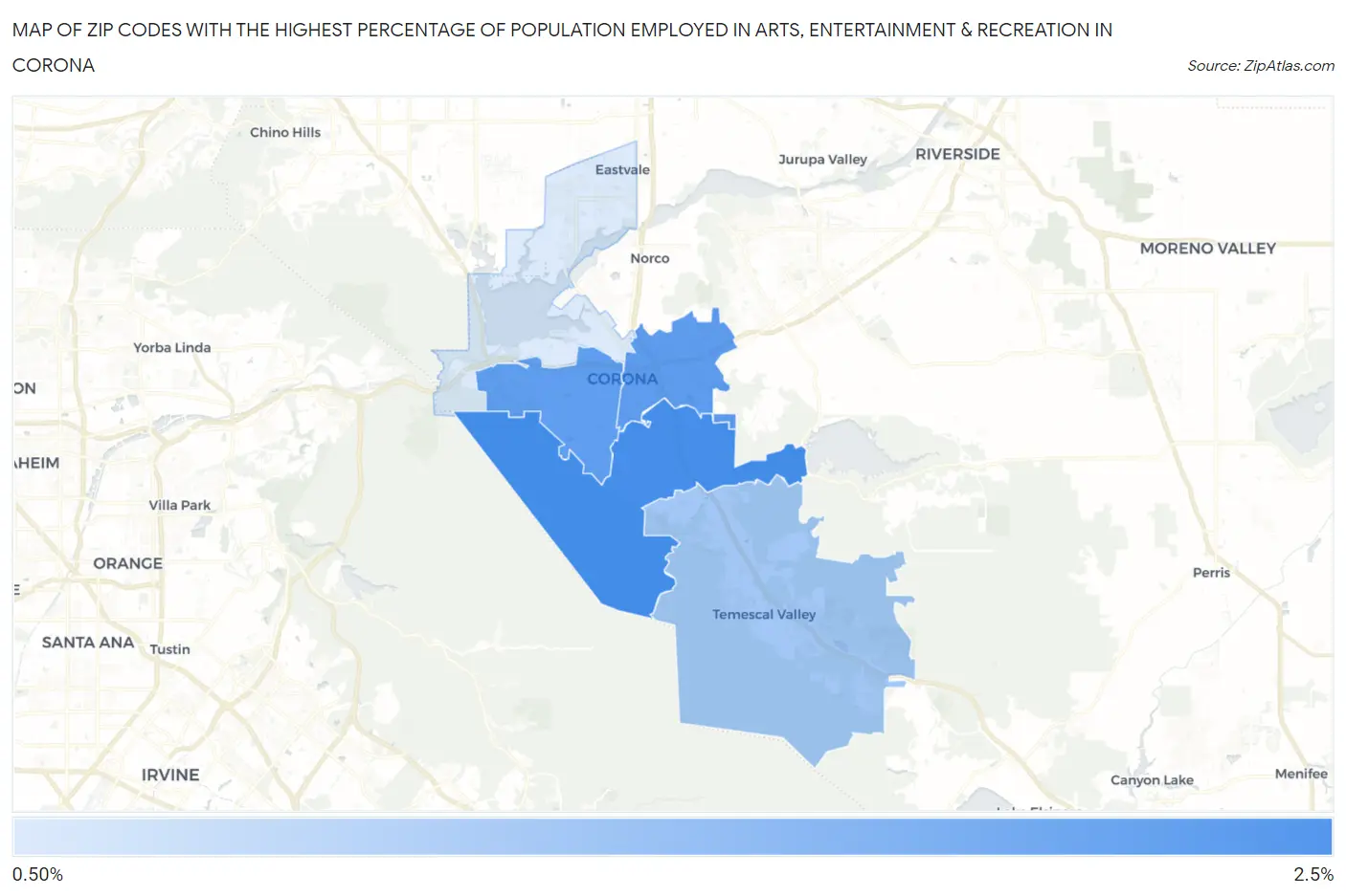 Zip Codes with the Highest Percentage of Population Employed in Arts, Entertainment & Recreation in Corona Map