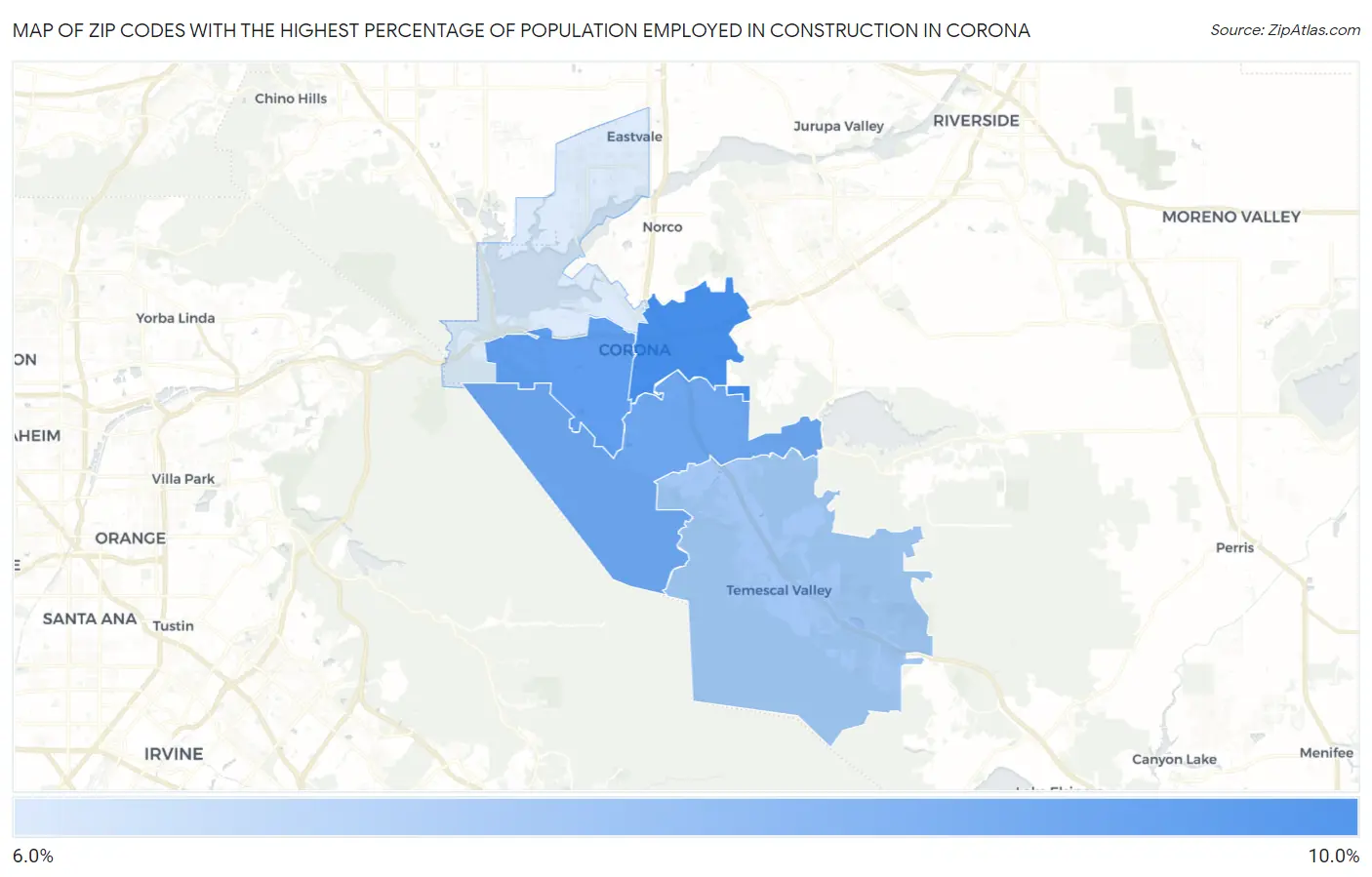 Zip Codes with the Highest Percentage of Population Employed in Construction in Corona Map