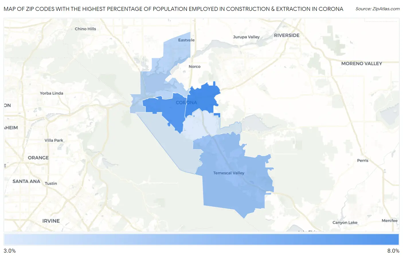 Zip Codes with the Highest Percentage of Population Employed in Construction & Extraction in Corona Map