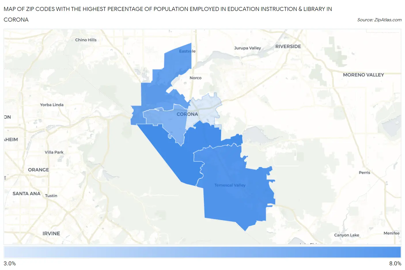 Zip Codes with the Highest Percentage of Population Employed in Education Instruction & Library in Corona Map