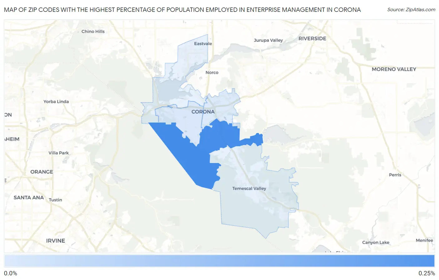 Zip Codes with the Highest Percentage of Population Employed in Enterprise Management in Corona Map