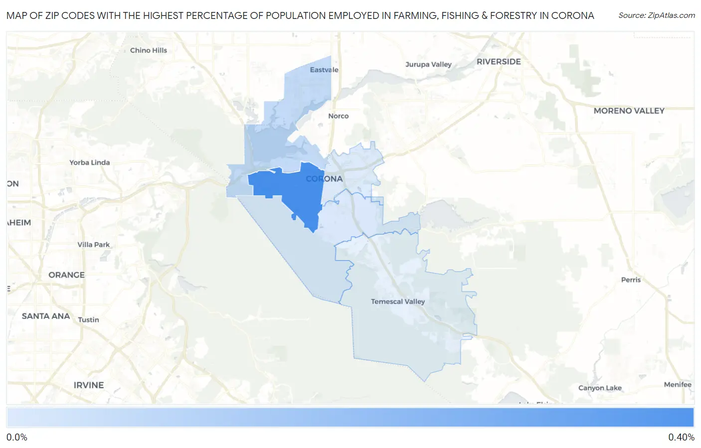 Zip Codes with the Highest Percentage of Population Employed in Farming, Fishing & Forestry in Corona Map