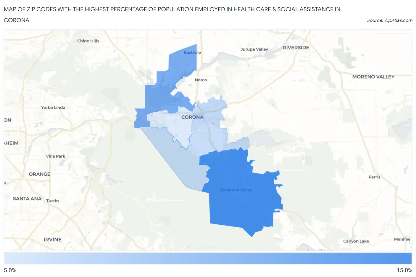 Zip Codes with the Highest Percentage of Population Employed in Health Care & Social Assistance in Corona Map