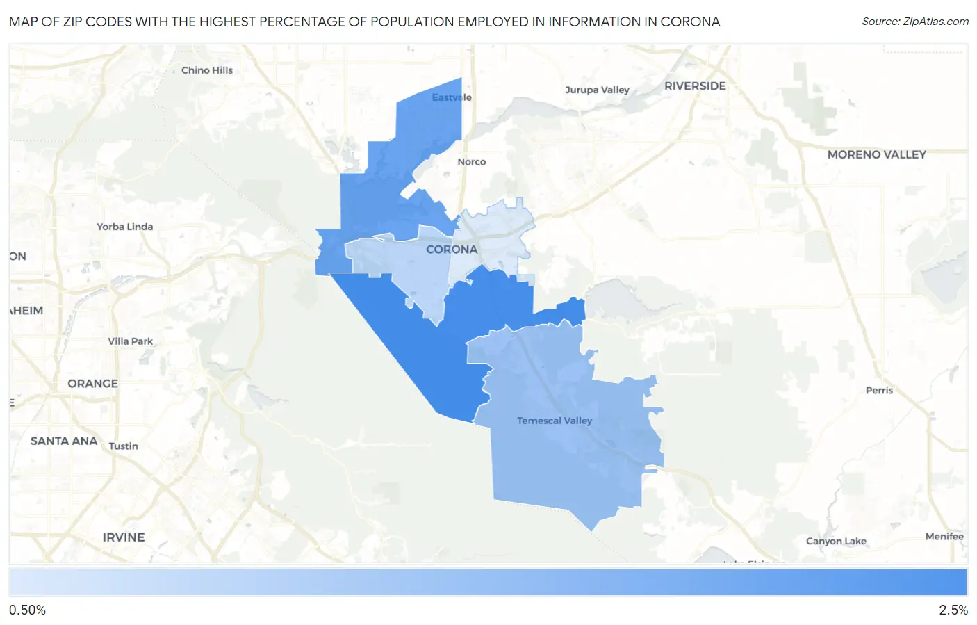 Zip Codes with the Highest Percentage of Population Employed in Information in Corona Map