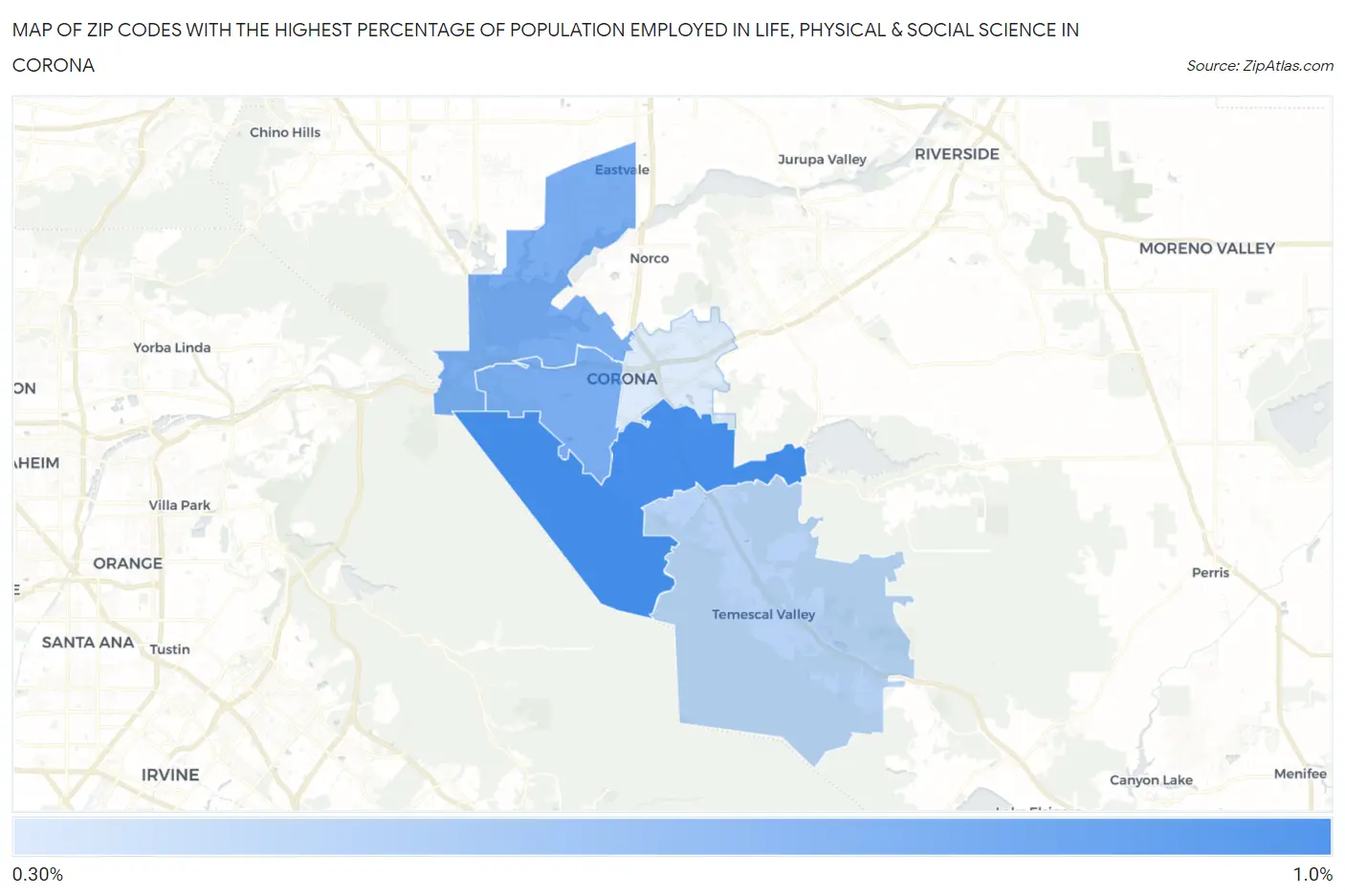 Zip Codes with the Highest Percentage of Population Employed in Life, Physical & Social Science in Corona Map