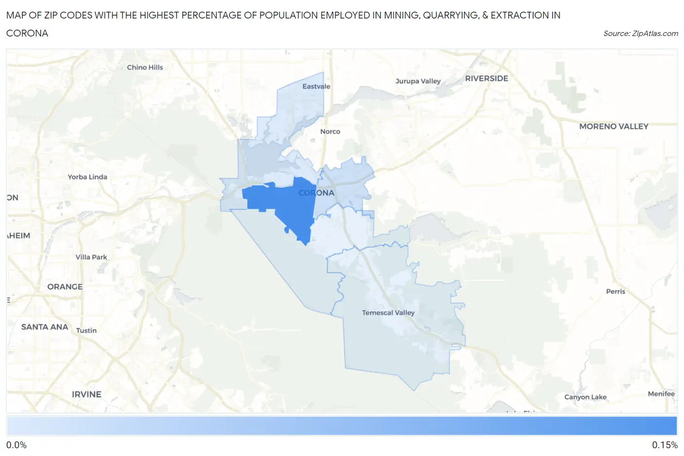 Zip Codes with the Highest Percentage of Population Employed in Mining, Quarrying, & Extraction in Corona Map